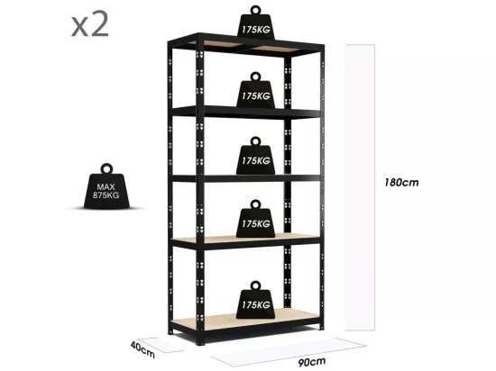 Lot de 2 Etagères de Rangement modulables et polyvalentes pour atelier, garage, cave...Charges Lourdes 180x90x40cm x2 - Noir