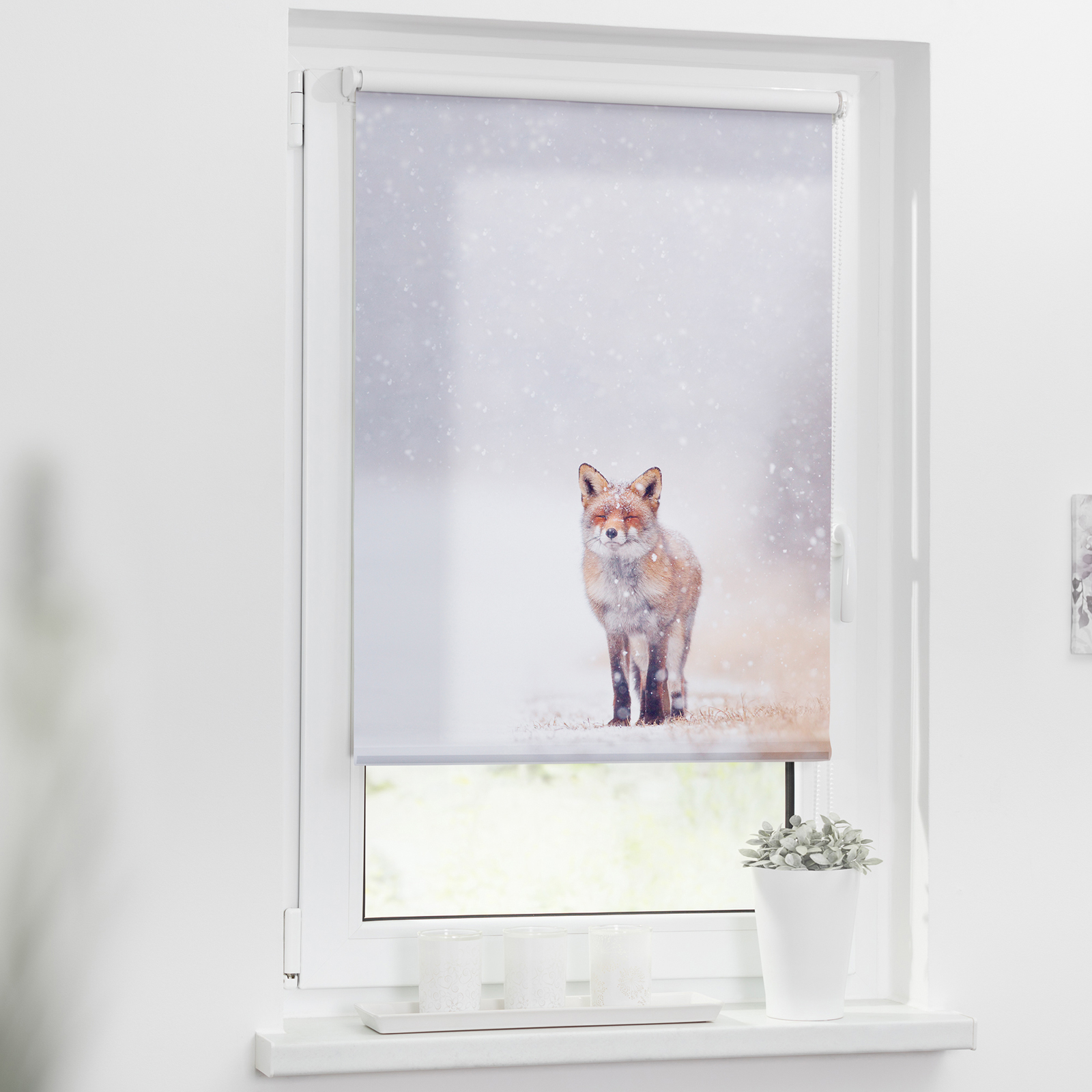 LICHTBLICK Rollo Klemmfix FUCHS IM SCHNEE - weiß-rot - 45x150 cm