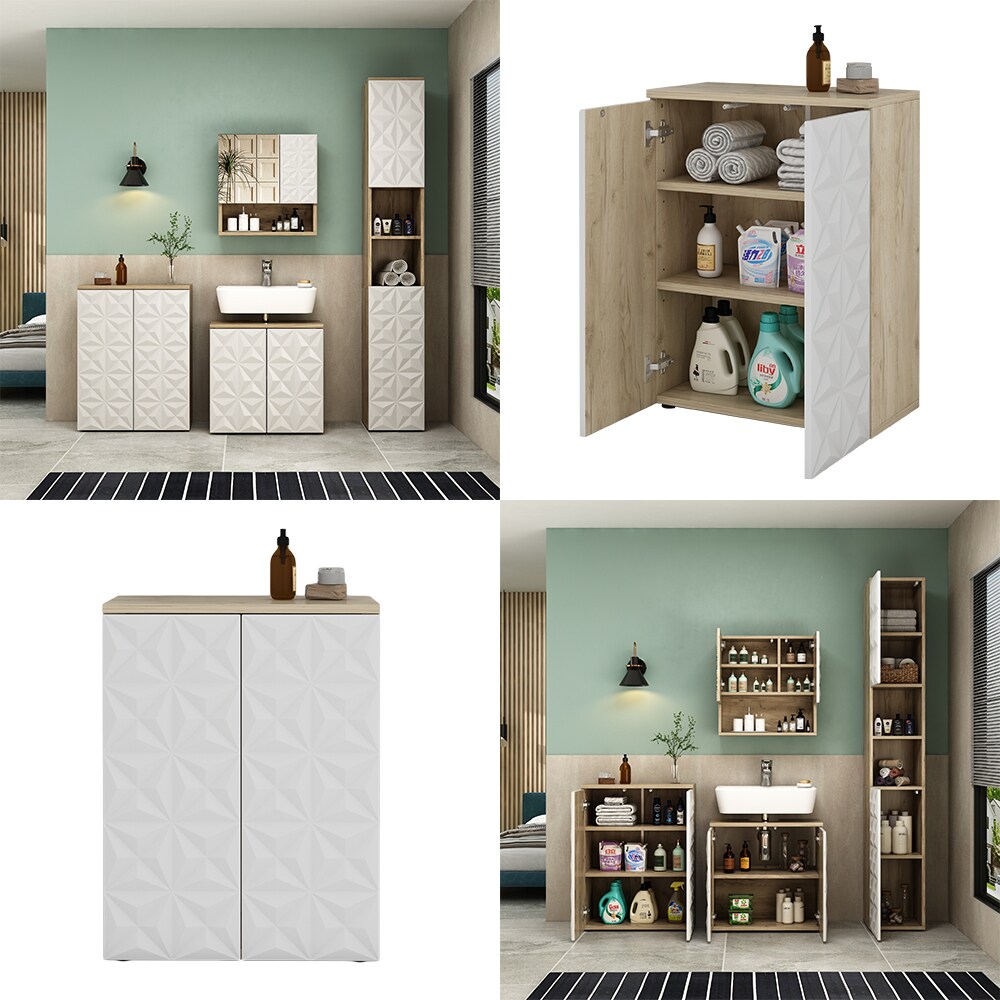 Vicco Badschrank Badezimmerkommode Badezimmermöbel Edge Eiche Weiß modern 60x80 cm Badezimmer Schrank Badmöbel 2 Türen 3 Fächer