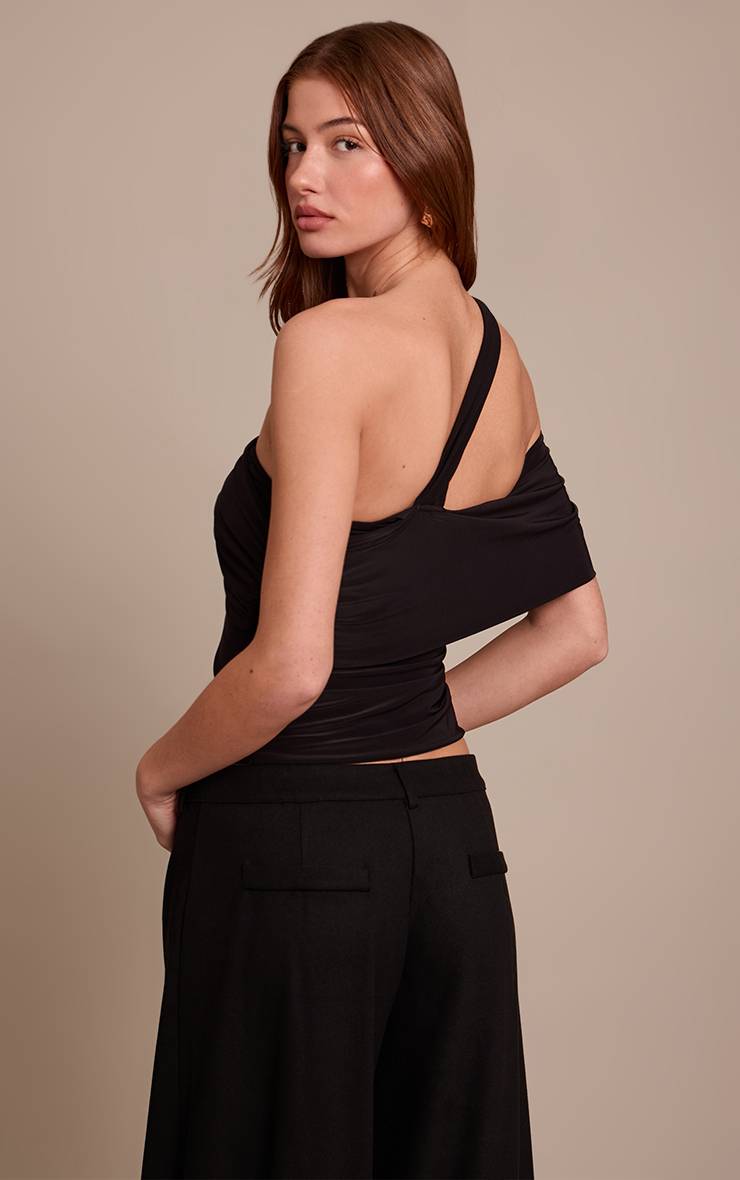 Noir Haut À Détail De Manche Abstraite En Tissu Slinky Double Couche