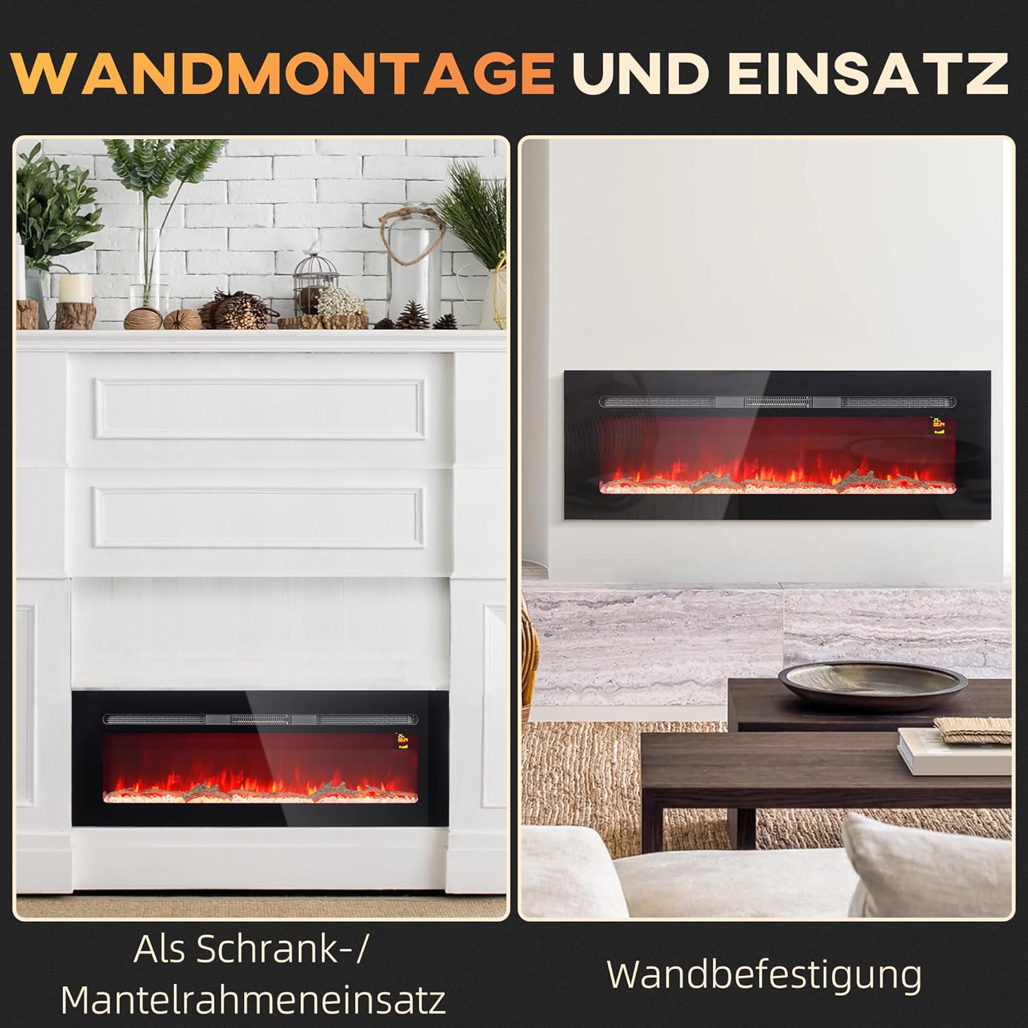 HOMCOM Elektrokamin, Wandkamin mit Heizung 1800 W, LED 3D-Flammeneffekt, Kristalle, in 3 Farben mit 5 Helligkeitsstufen, Elektrischer Kamin mit Fernbedienung, Timer, Touchscreen, Wandmontage, Schwarz