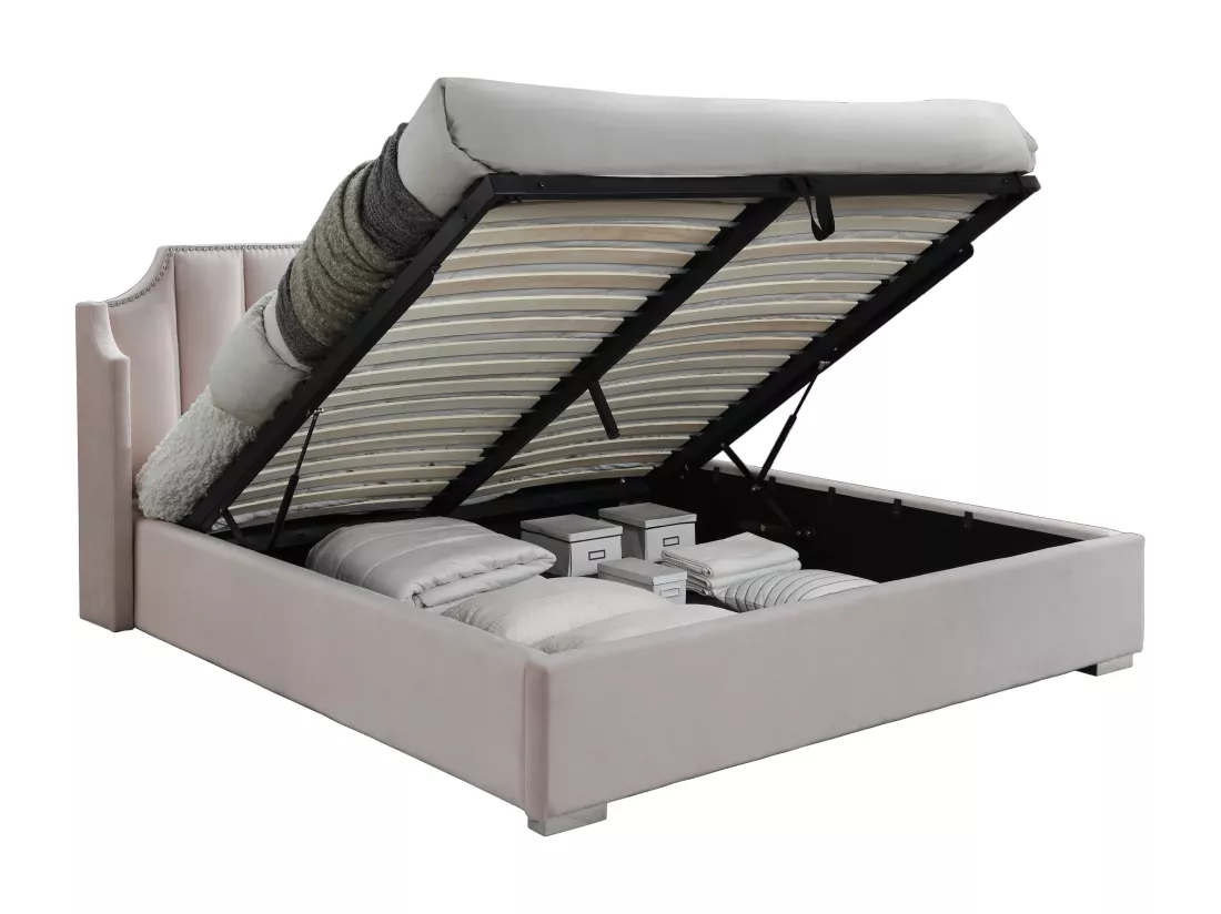 Lit coffre 180 x 200 cm avec tête de lit incurvée - Velours - Rose + Matelas - TEOMIS