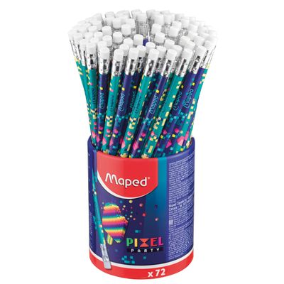 Maped Pixel Party - Pot de 72 Crayons graphite recyclés HB (40% de matière recyclée) - embout gomme - coloris assortis