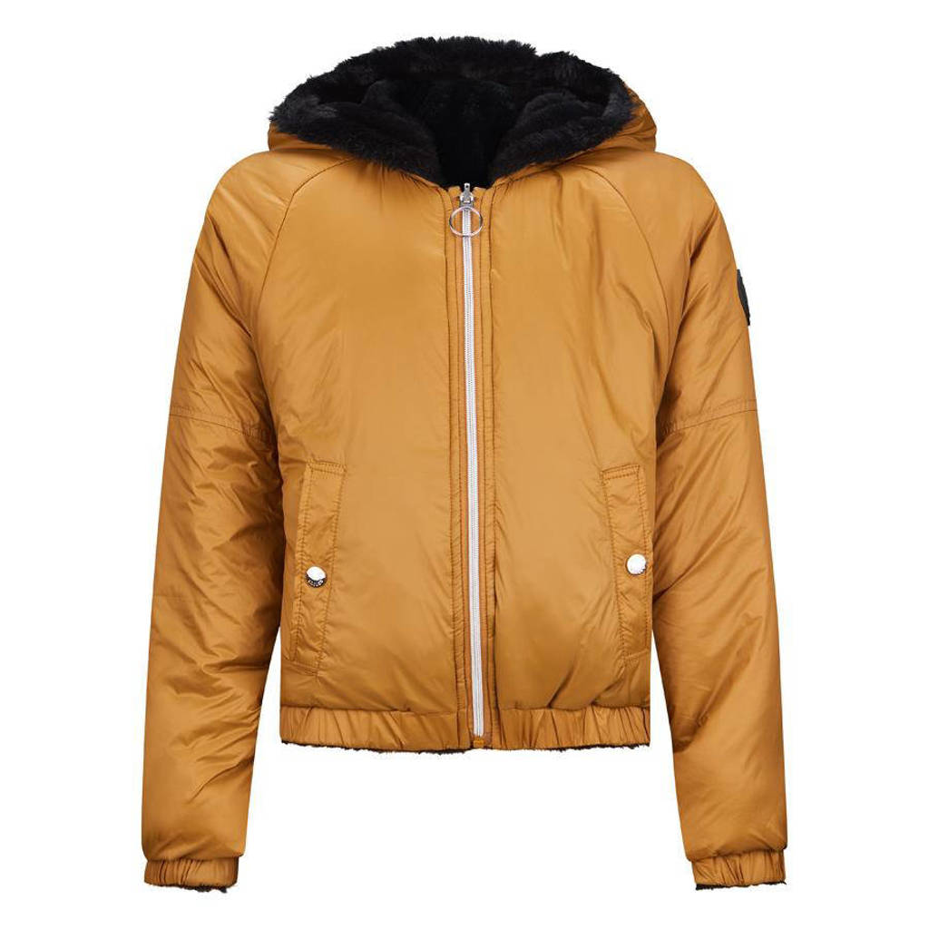 Retour Jeans reversible gewatteerde imitatiebont winterjas Kiara donkerbruin/camel