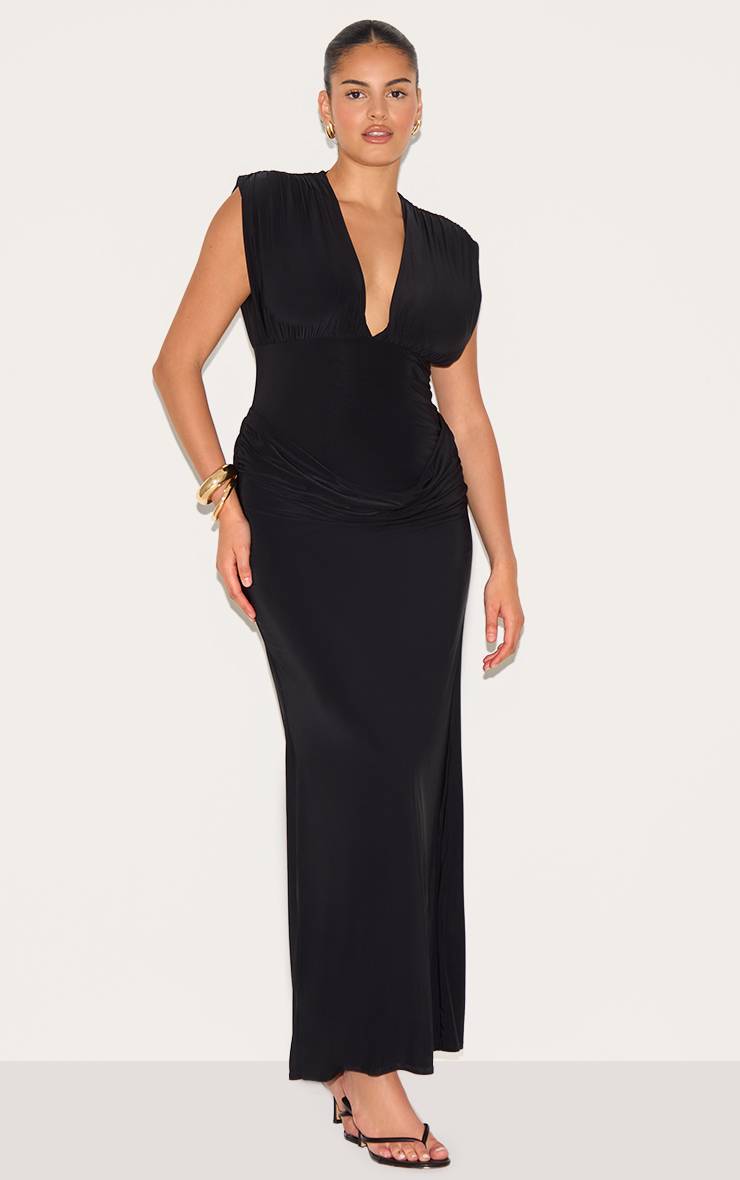 Noir Robe Longue Grande Taille Double Couche Décolleté Plongeant Épaules Froncées Taille Drapée
