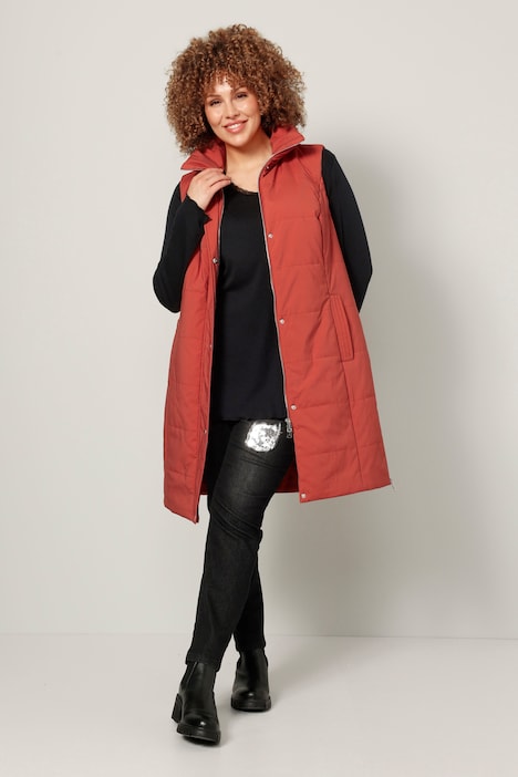 Long-Steppweste, Stehkragen, Zipper