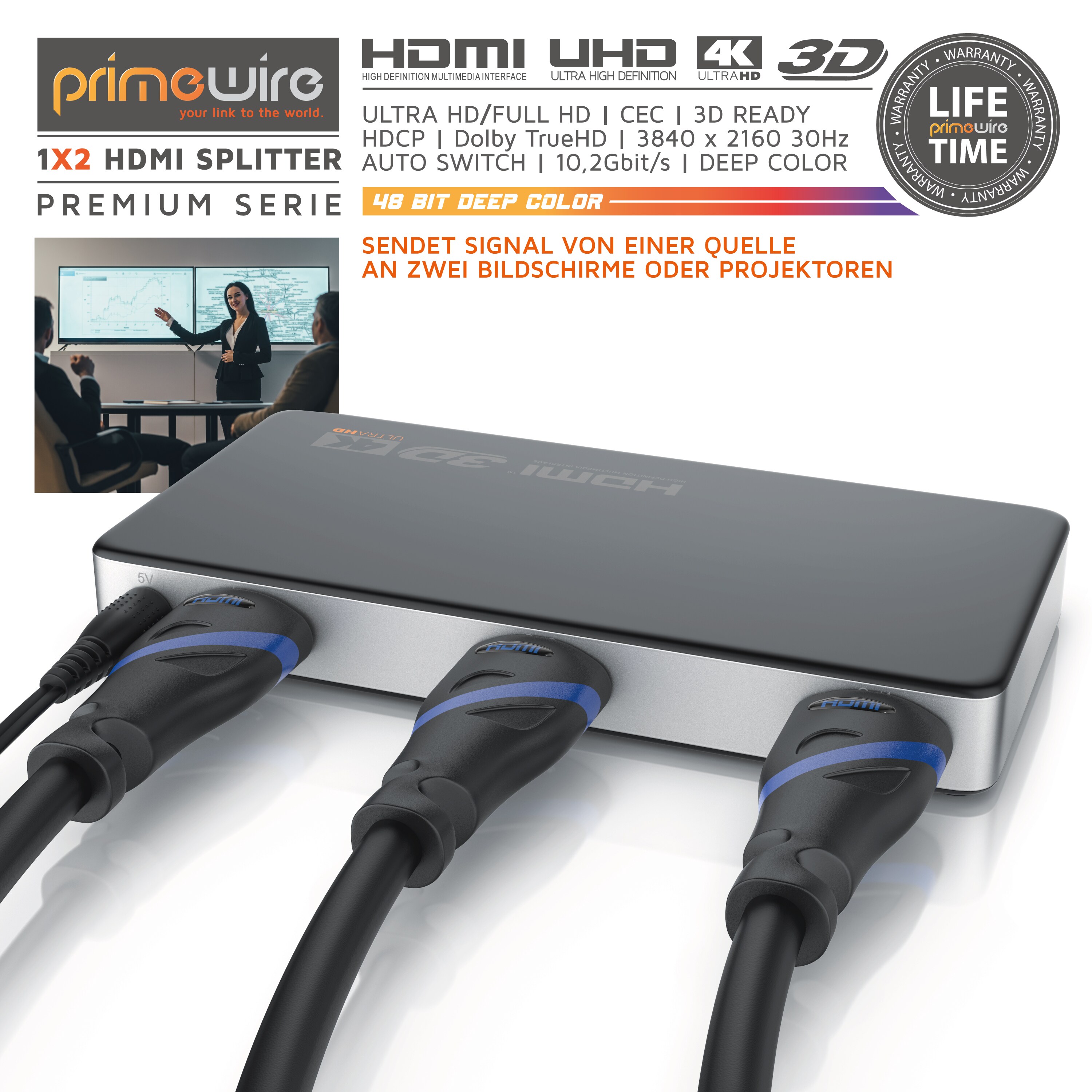 Primewire HDMI Splitter Verteiler 4K UHD Sat Verteiler 2160p 4K 30Hz, Full HD 144 Hz, 1 in 2 Out, CEC, HDCP, 3D Ready, Deep Color 30Bit 36Bit 48Bit