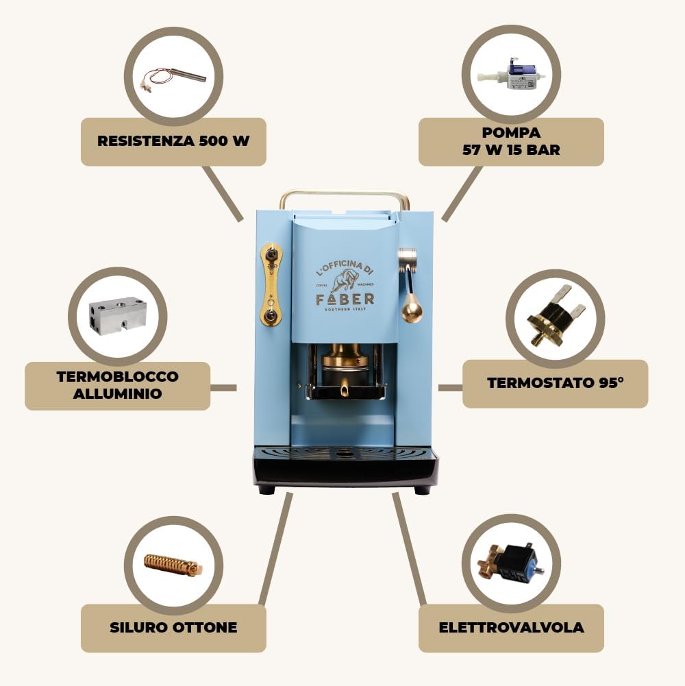 FABER COFFEE MACHINES | Modèle Pro Total Inox Deluxe | Machine à café à dosettes ese 44mm | Pressacialda en laiton réglable | électrovanne de série (laiton)