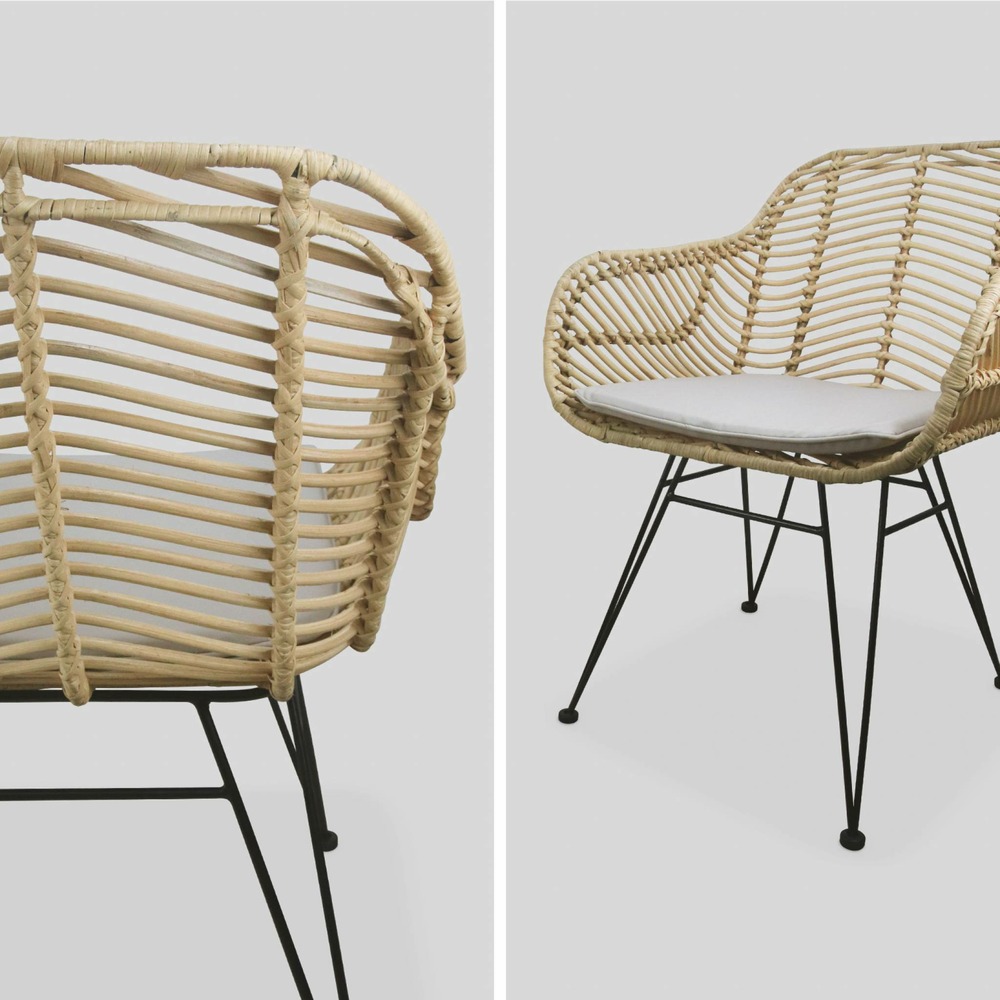 Fauteuil en rotin naturel et métal. Coussin beige - cahya