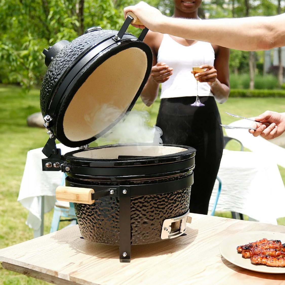 Fresh Grills 40,6cm Kamado Keramikgrill | Schwarz Holzkohlegrill BBQ Mini Ofen | Thermometer, Holzgriff, Oberer & Unterer Luftstrom | Outdoor Garten Grillen Garen Räuchern Smokern