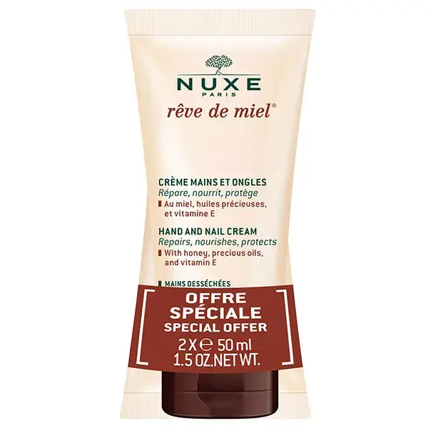 Creme para mãos e unhas Nuxe Rêve de Miel, embalagem com 2 unidades de 50ml