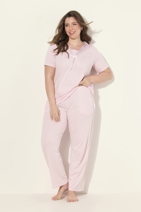 Pyjama, Satindetails, V-Ausschnitt, Halbarm