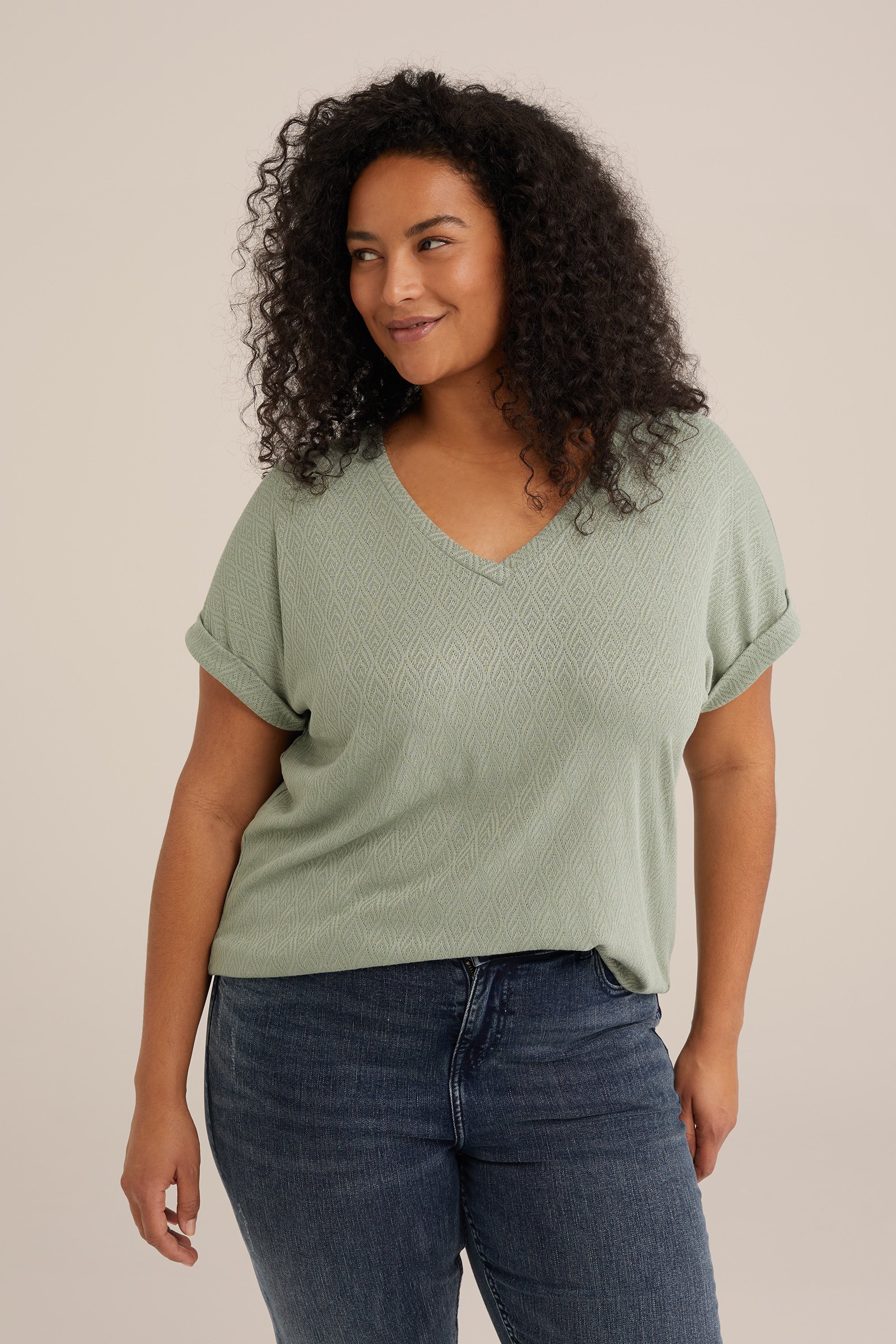 T-shirt met structuur - Curve WE Fashion Lichtgroen