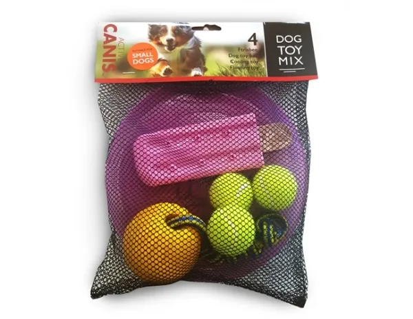 Hundelegetøj mix, 4 stk (frisbee, bold i snor, tennisbold, ispind)