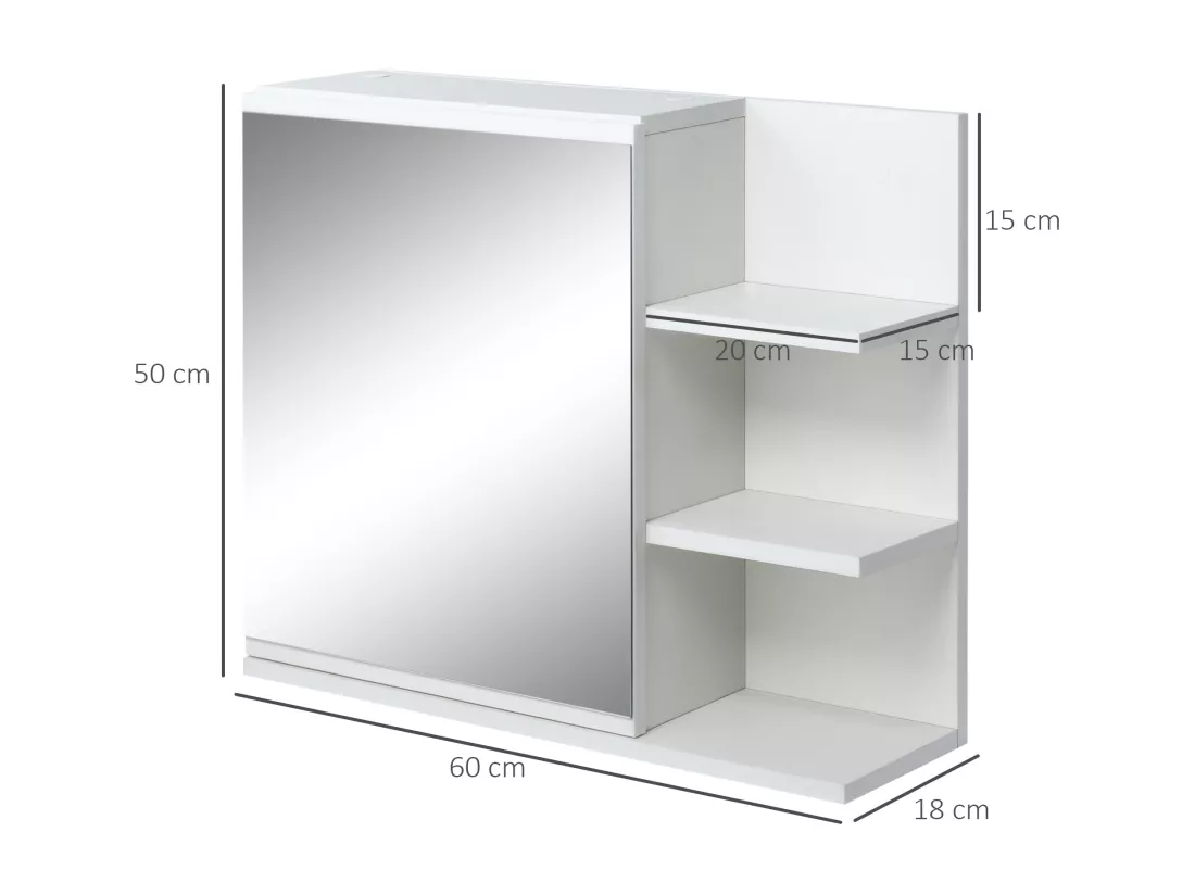 Armoire miroir de salle de bain avec étagère - 3 étagères latérales - kit installation murale fourni - panneaux particules blanc