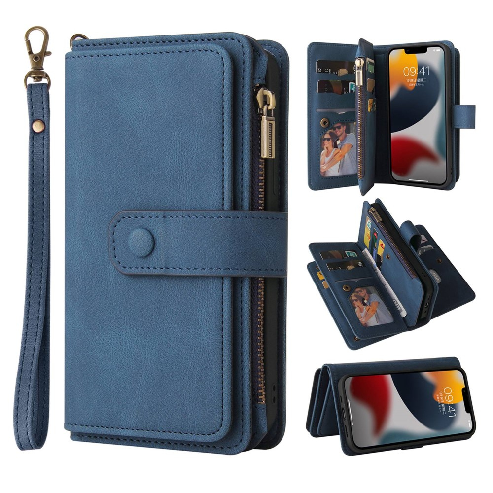 iPhone 14 Leder Wallet Etui Tasche mit 13 Kartenfächern   Münzfach - Blau