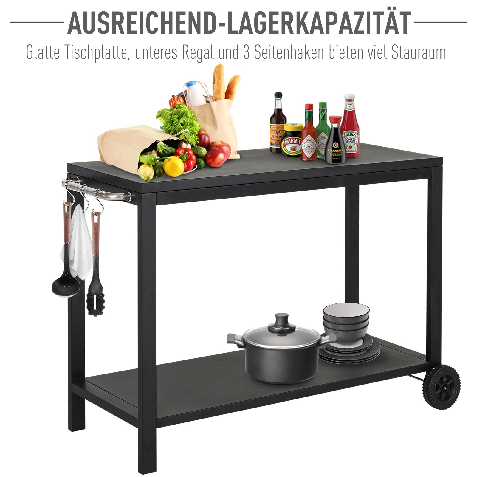 HOMCOM Beistelltisch auf Rollen schwarz 128 x 46,5 x 86,5 cm (BxTxH)