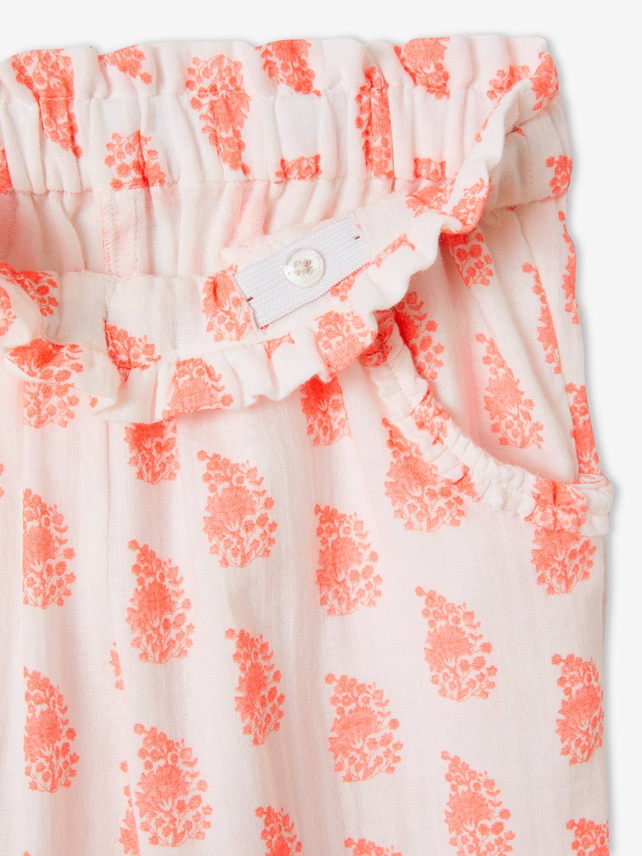 Calça cropped rosa de chiffon de algodão com estampa floral para meninas