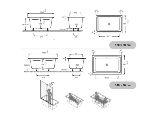 Baignoire bain douche JACOB DELAFON Capsule, compacte + pare bain en angle 120 x 80 cm