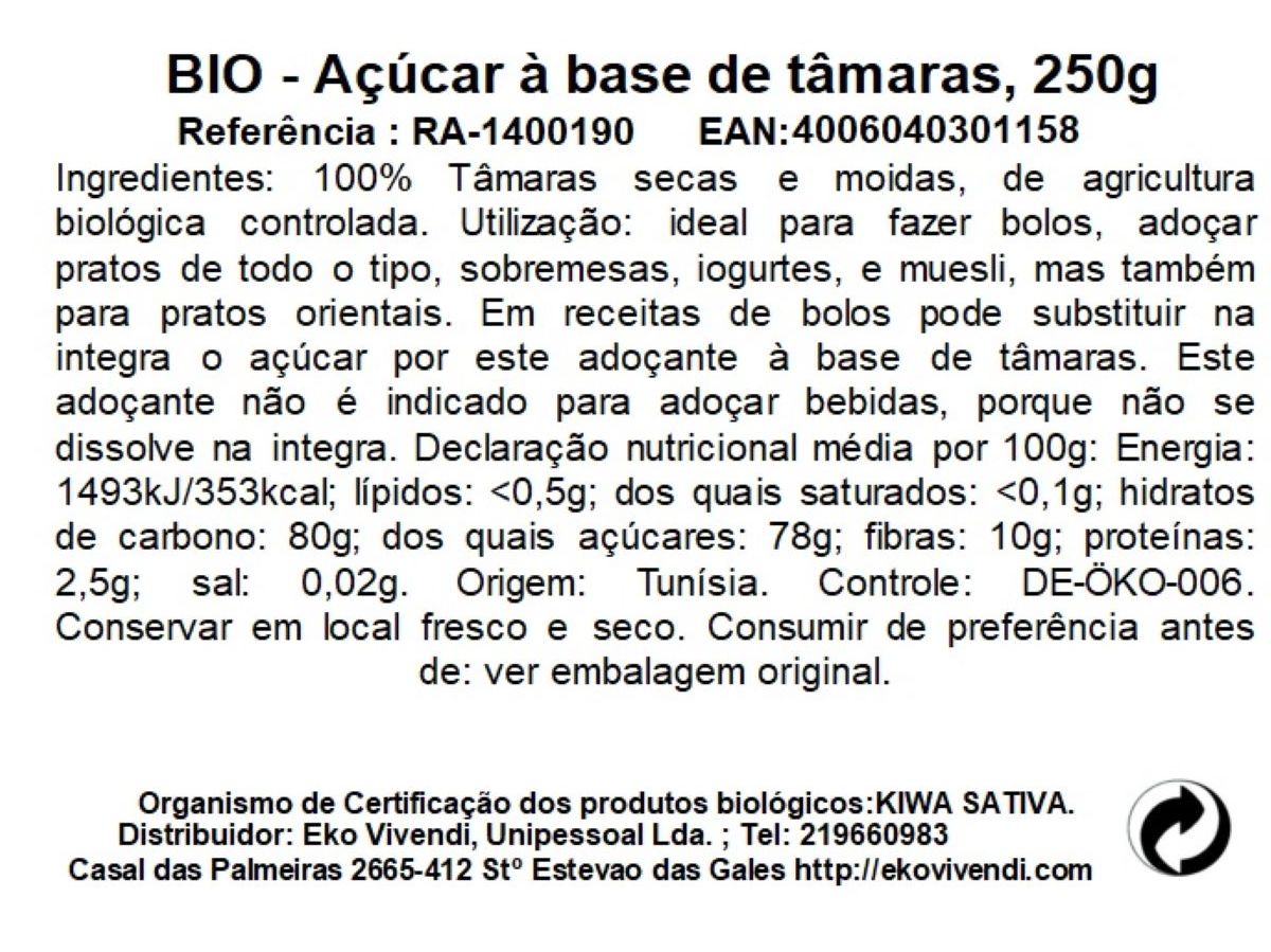 AÇÚCAR TÂMARA RAPUNZEL BIO 250G