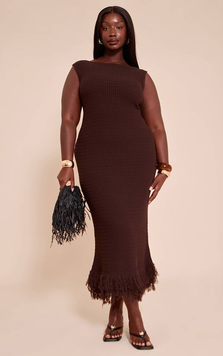 Chocolat Robe Maxi Asymétrique En Maille Bouclée Grande Taille