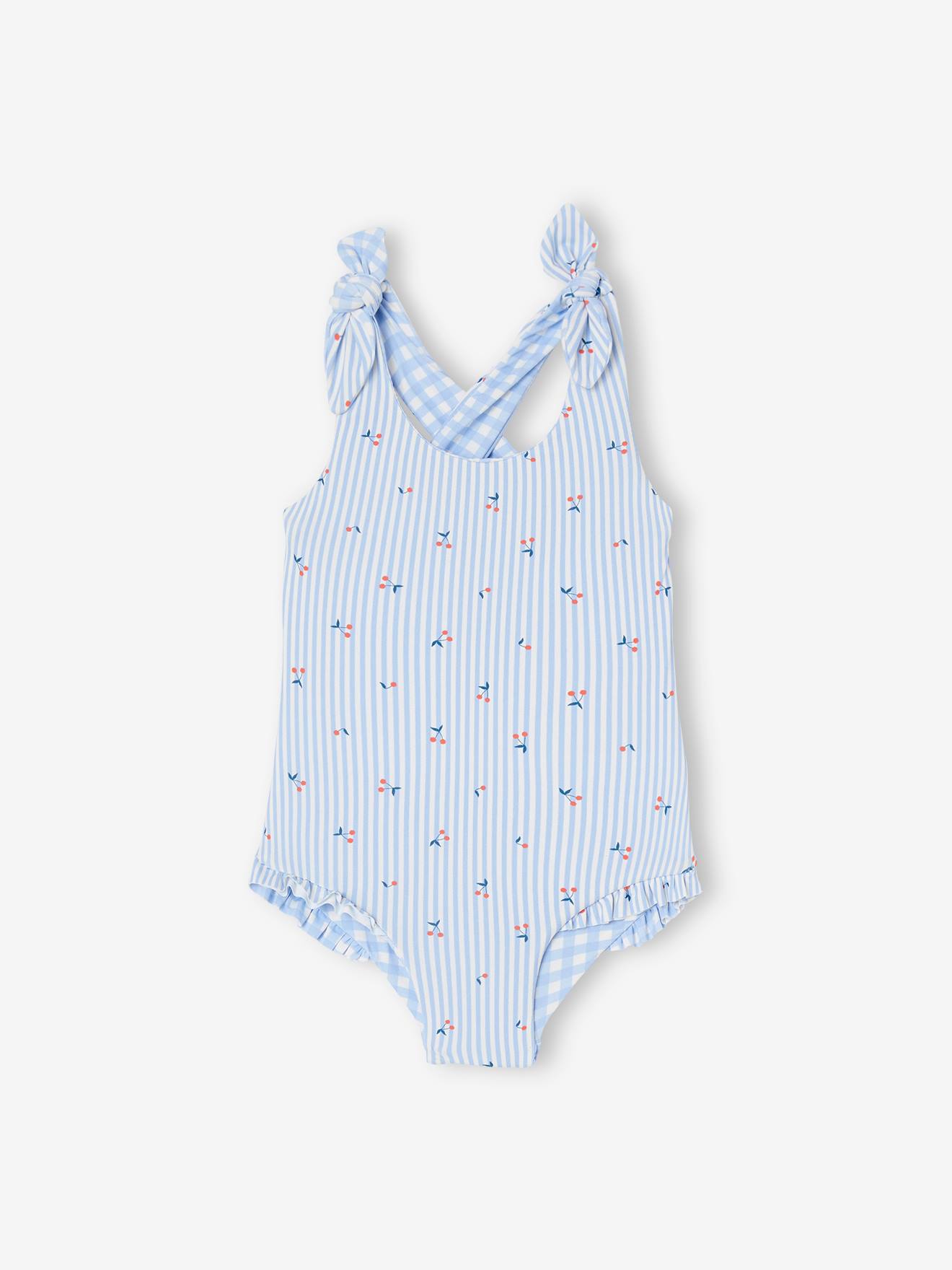Maiô reversível para bebê menina, xadrez vichy/listras e flores, azul claro
