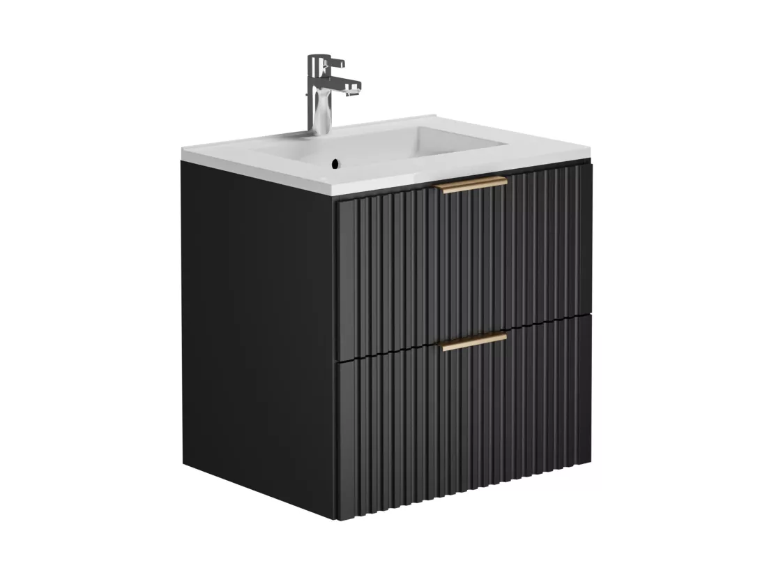 Meuble de salle de bain suspendu strié avec vasque à encastrer - Noir - 60 cm - ZEVARA
