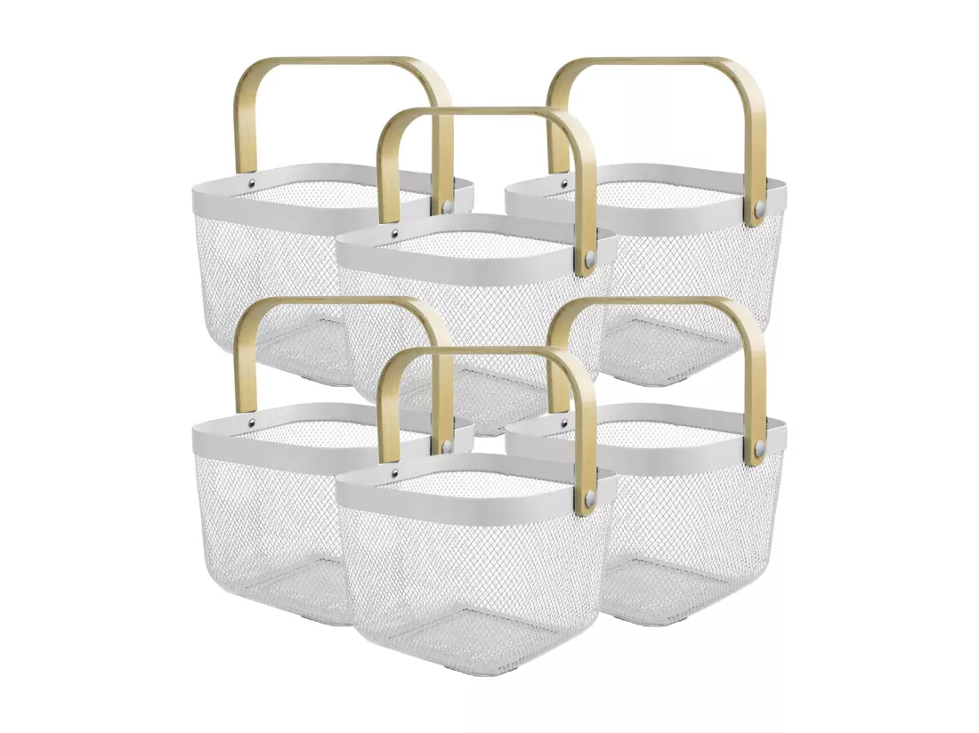 Lot de 6 panier de rangement, corbeille carrée avec anse, panier à mailles métalliques, panier à ustensiles coloris blanc - Longueur 24.5 x Profondeur 24.5 x Hauteur 17.5 cm
