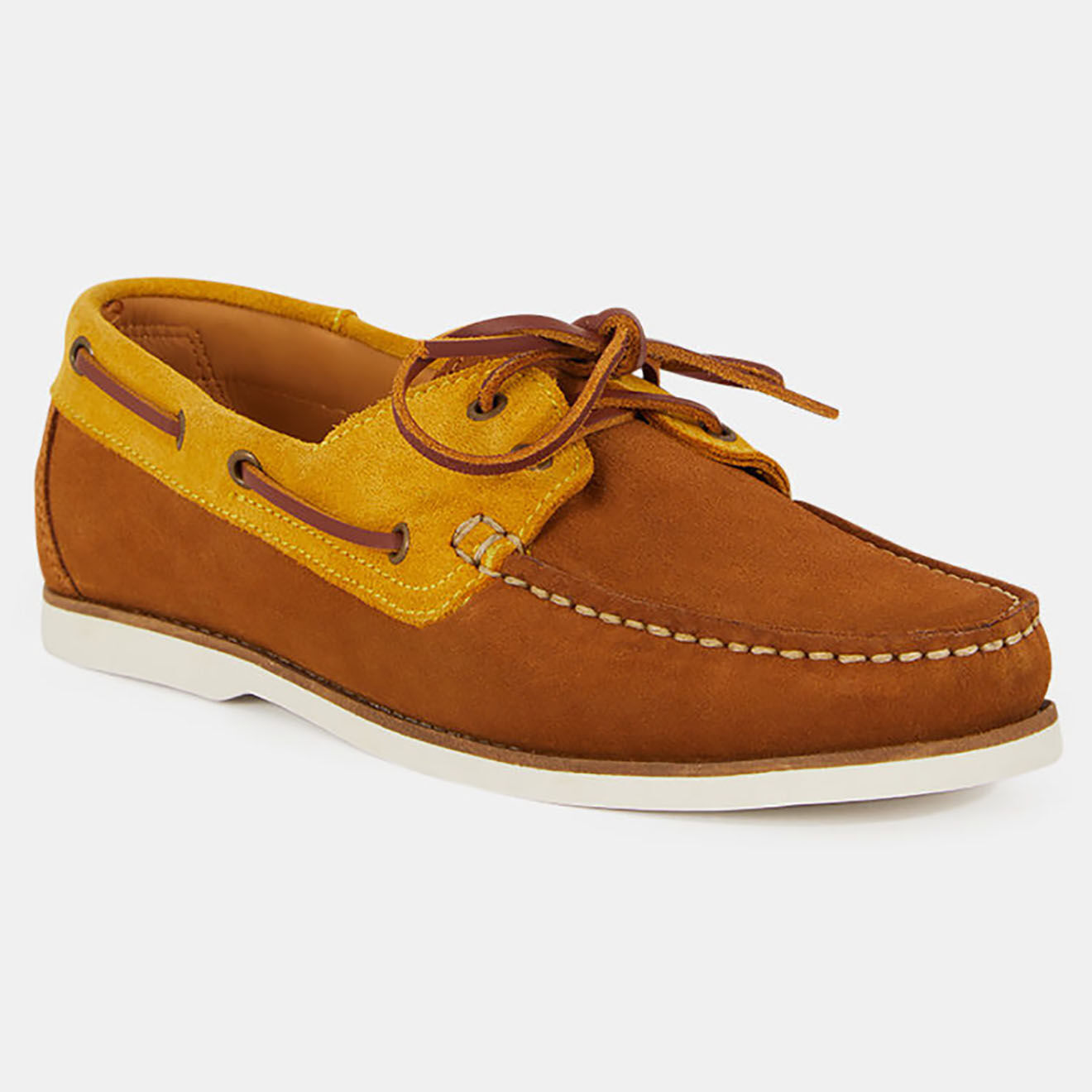 Comptoir GL Chaussures bateau en Velours de Cuir bicolore cognac/Camel
