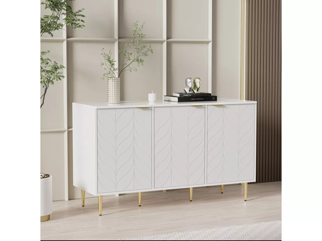Buffet moderne avec pieds et poignées dorés, coins arrondis, 127l*45p*75h, blanc