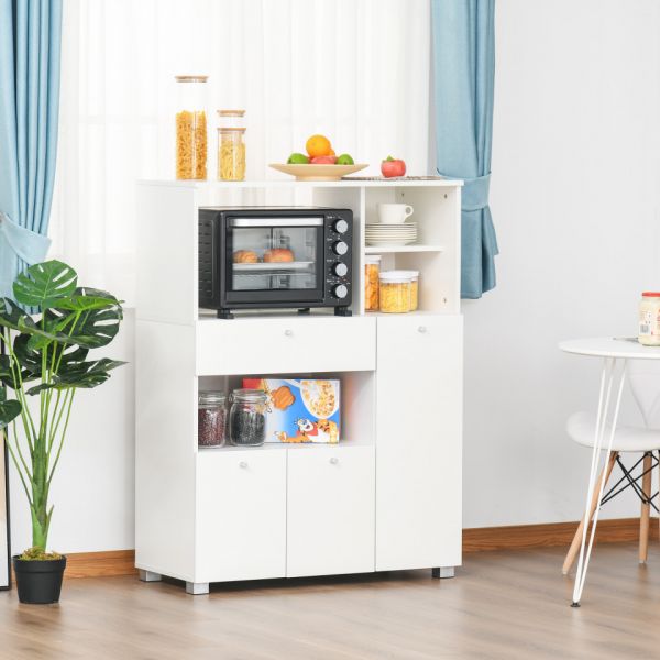 Homcom Aparador Auxiliar para Microondas Buffet de Cozinha com 2 Armários com Portas 1 Gaveta 90x40x120cm Branco