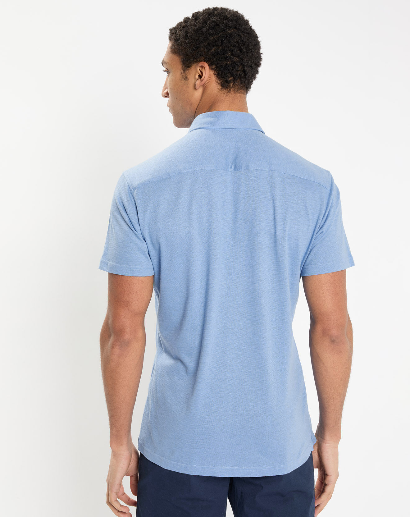 Hackett London Chemise en Lin & Coton Slim Fit manches courtes Tricot bleu moyen