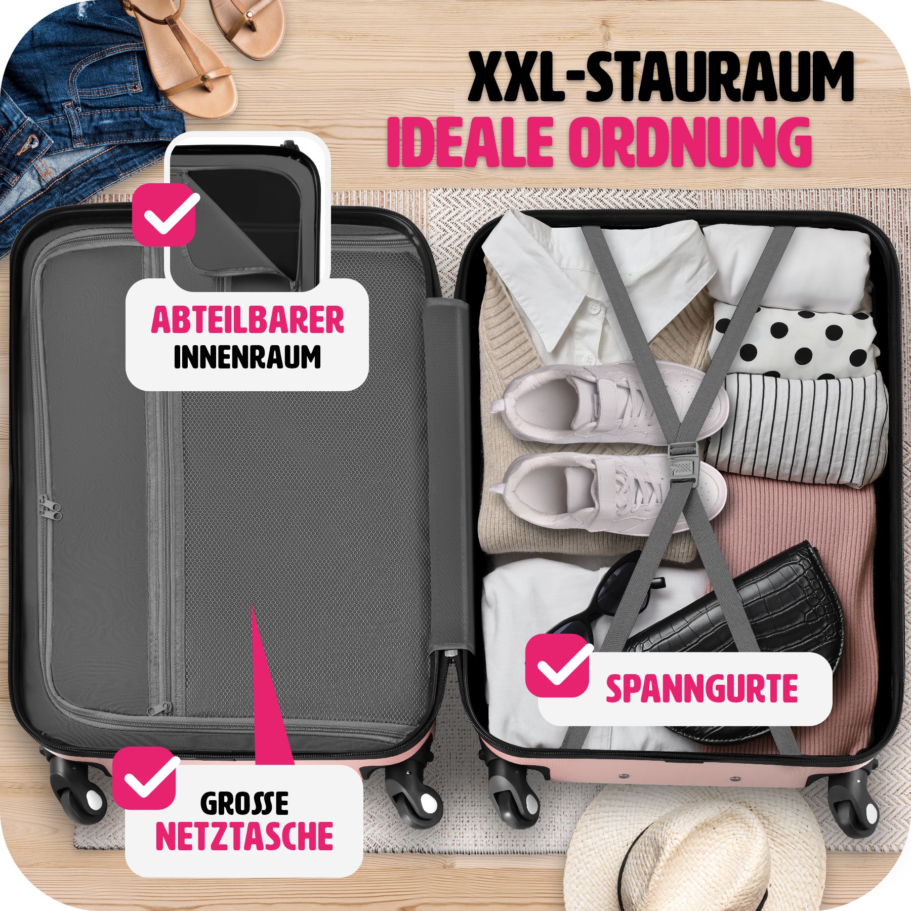 tectake® Hartschalenkoffer-Set, 4-teilig, 3 Trolleys und Beauty-Case aus robustem ABS-Kunststoff, abteilbarer Innenraum, mit Sicherheits-Zahlenschloss