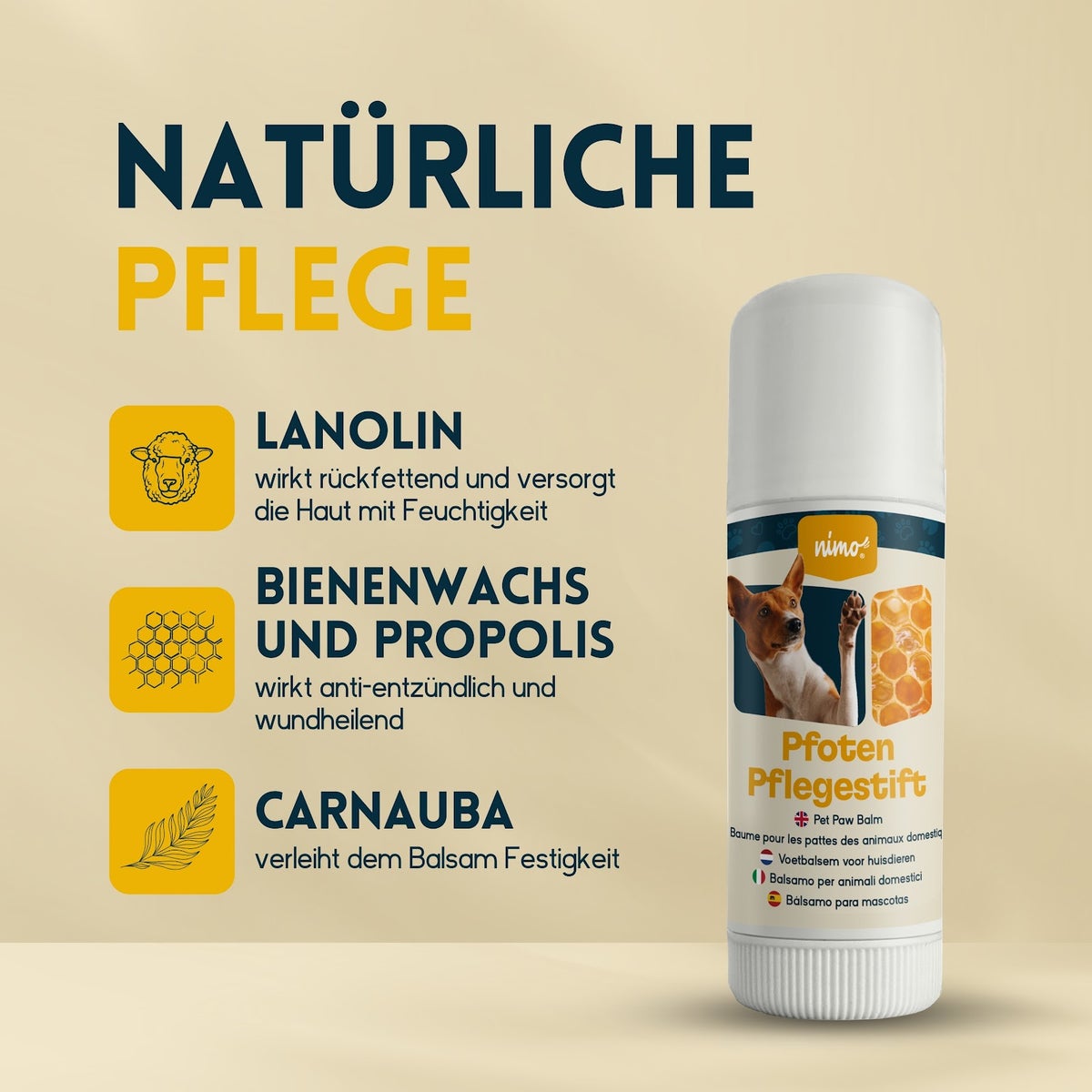 nimo® Paw Care Stick • Pootbalsem met bijenwas en propolis voor de bescherming en verzorging van de poten
