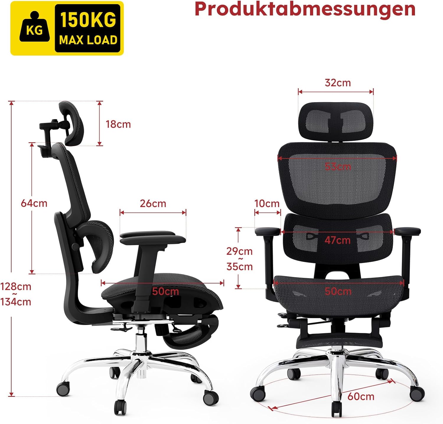 Ergonomischer Bürostuhl Voll-Mesh mit Abnehmbarem Kissen, Fußstütze, Höhenverstellbarem Rückenlehne, Kopfstütze & Armlehnen, Selbstanpassende Lendenstütze, PU-Rollen, 360° Drehbar, 150 kg , Schwarz KH8388908