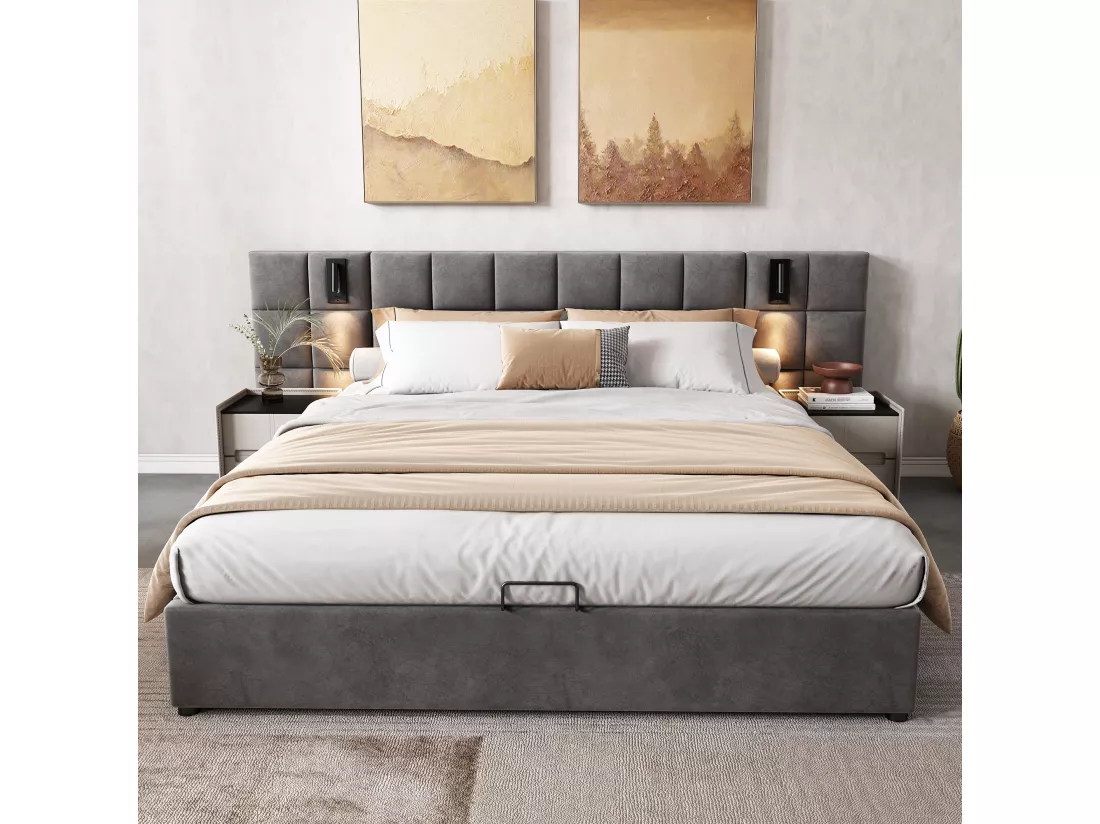 Lit coffre avec tête de lit réglable - 140 x 200 cm - velours - avec lampe orientable et USB - gris