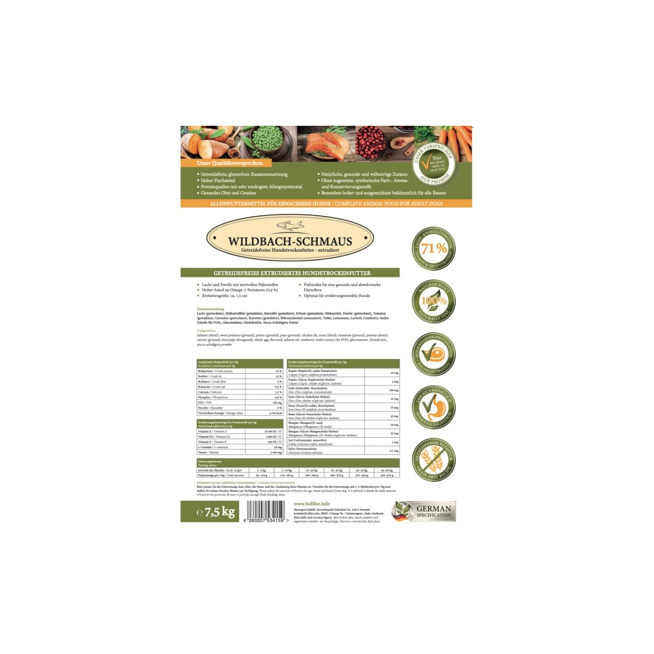 Bellfor Trockenfutter für Hunde mit Wildlachs und Bachforelle - Wildbach-Schmaus - 7,5 kg