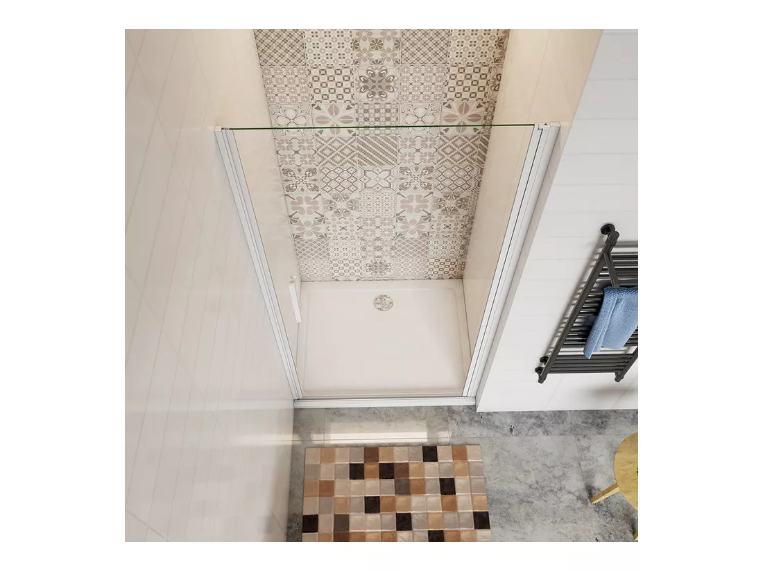 Porte de douche pivotante 80x185cm profilé blanc en verre de sécurité et transparent