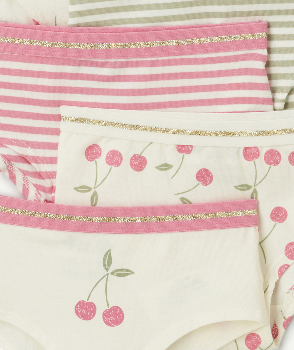 LOT DE 5 SHORTIES FILLE 100% COTON ÉCRU AVEC IMPRIMÉS ROSES ET VERTS