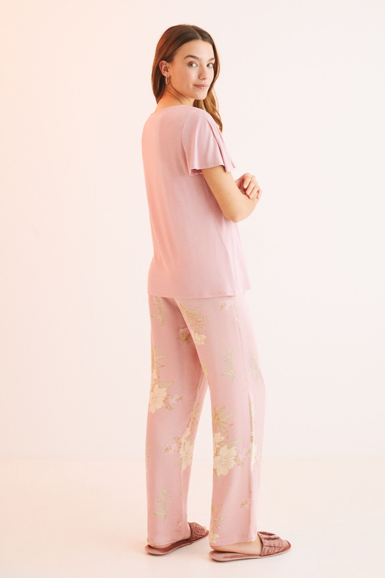 Pijama rosa de calça capri de manga curta - rosa