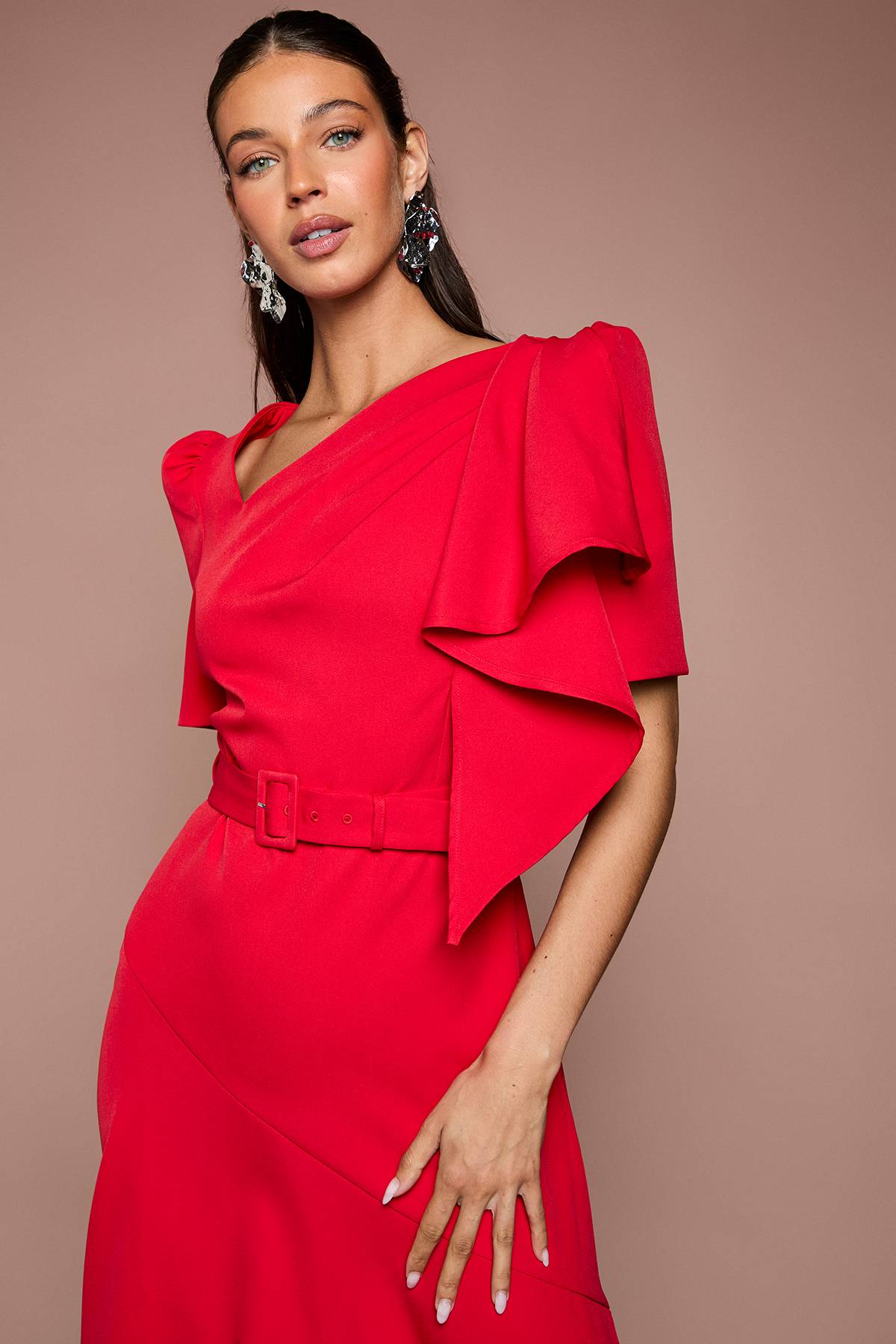 Coast Robe Midi En Crêpe Ceinturée À Manches Courtes Et Encolure Asymétrique