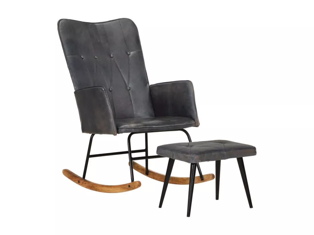 Chaise à bascule avec repose-pied Gris Cuir véritable