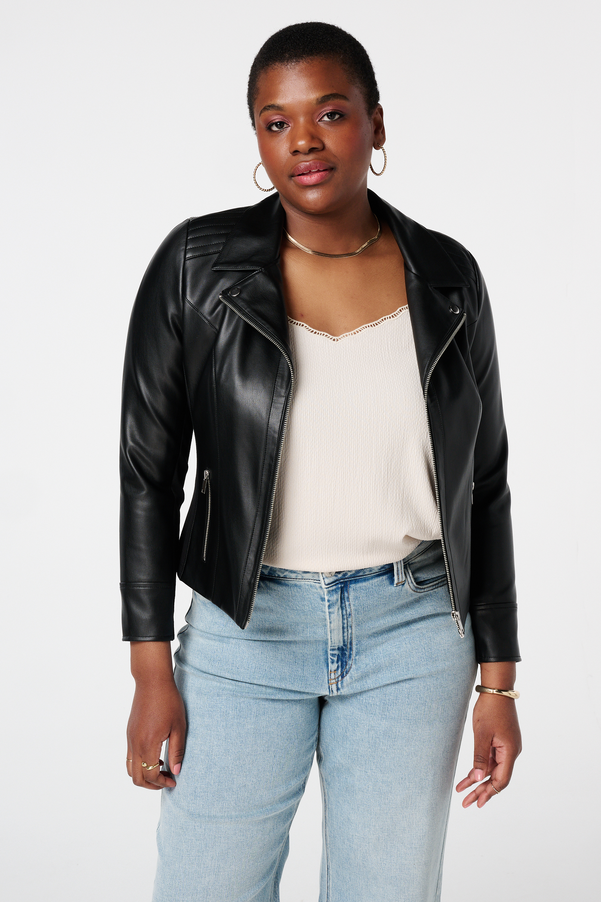 Leerlook jasje met zilveren details Zwart