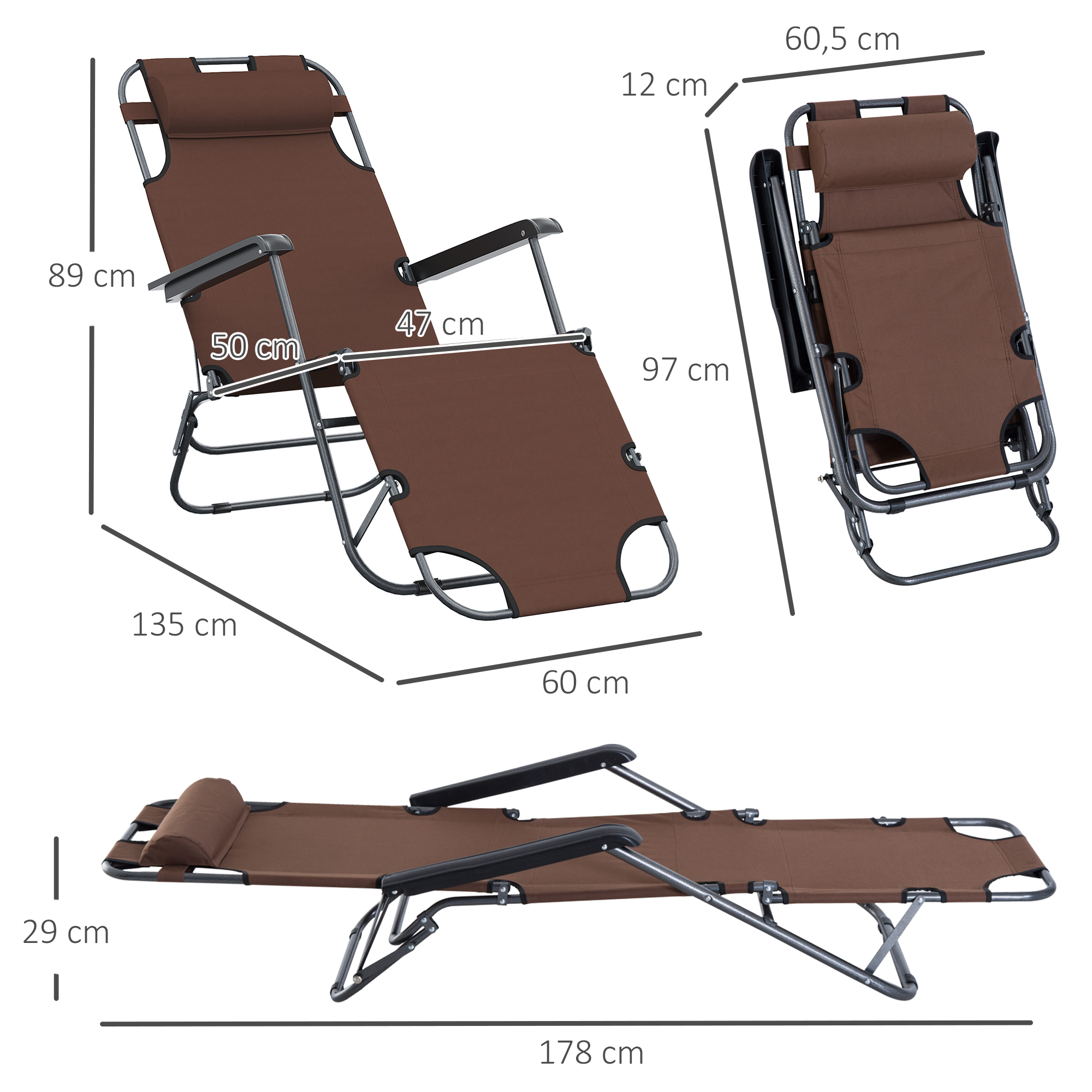 Cadeira de praia reclinável e dobrável Outsunny, espreguiçadeira relaxante com encosto ajustável, apoios de braço, almofada e apoio para os pés para jardim e varanda, capacidade de carga de 136 kg, 135 x 60 x 89 cm, marrom