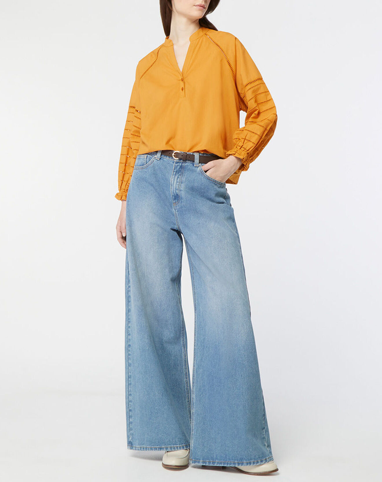 Galeries Lafayette Blouse ample en Coton Ramos broderie jaune foncé