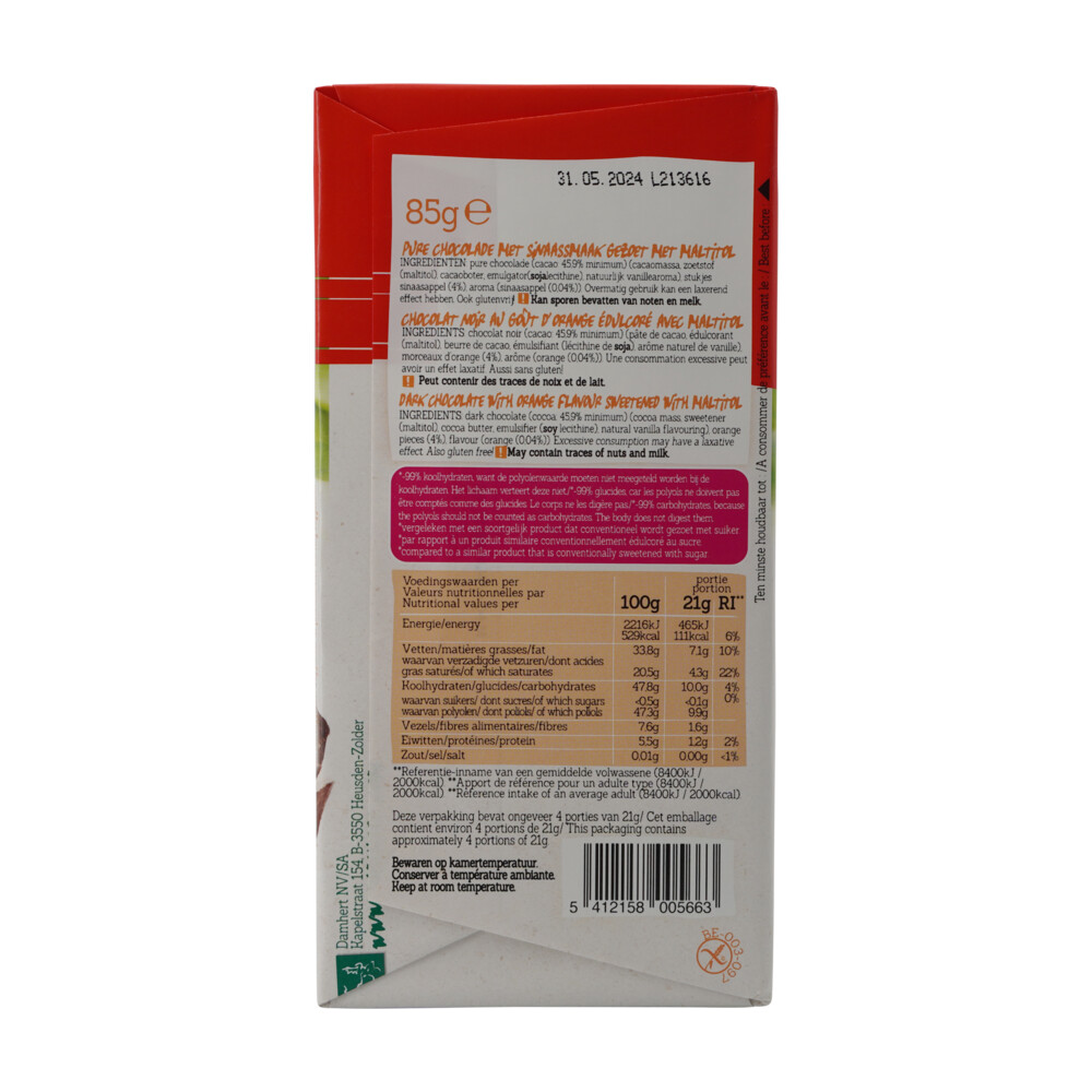 3x Damhert Chocoladetablet Orange Zonder Suikers85 gr