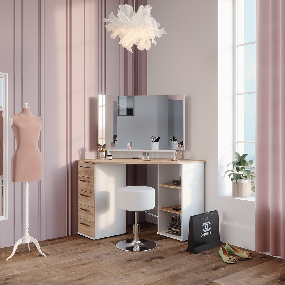 Vicco Eckschminktisch Frisiertisch Frisierkommode Sofia Weiß Sonoma Spiegel Hocker 128x142 cm modern Ablage