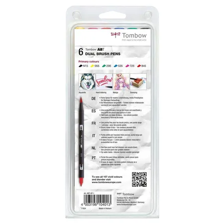 Tombow Fasermaler Dual Brush Pen mit zwei Spitzen 6er Set, primärfarben