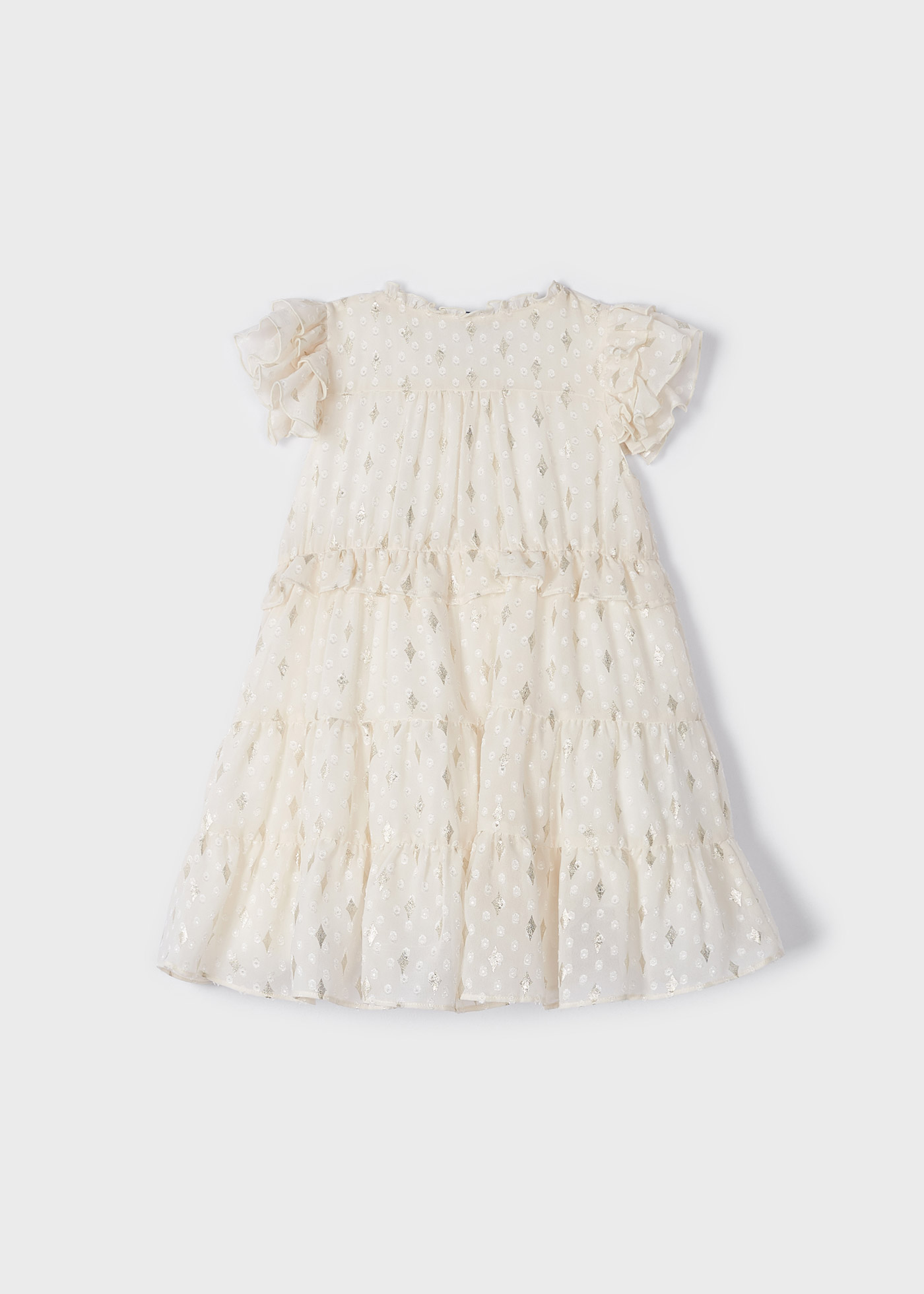 Vestido crepe plumetti com babados para meninas