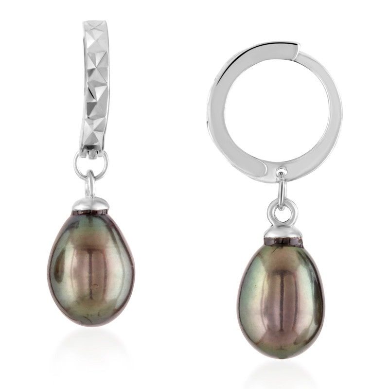 Boucles d'Oreilles pendantes Femme en argent 925/1000 et Perles de culture d'eau douce noires